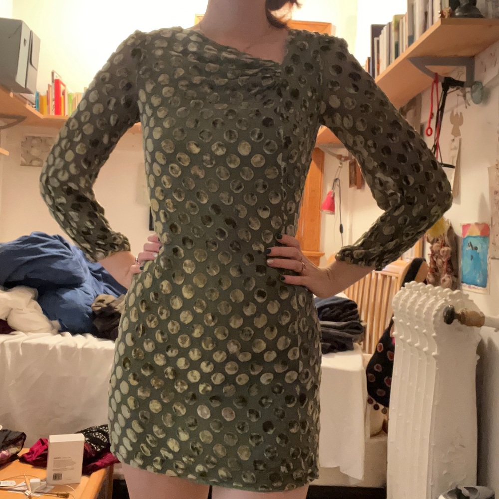 VINTAGE ILGWU Velvet Polka dot long sleeve mini dress